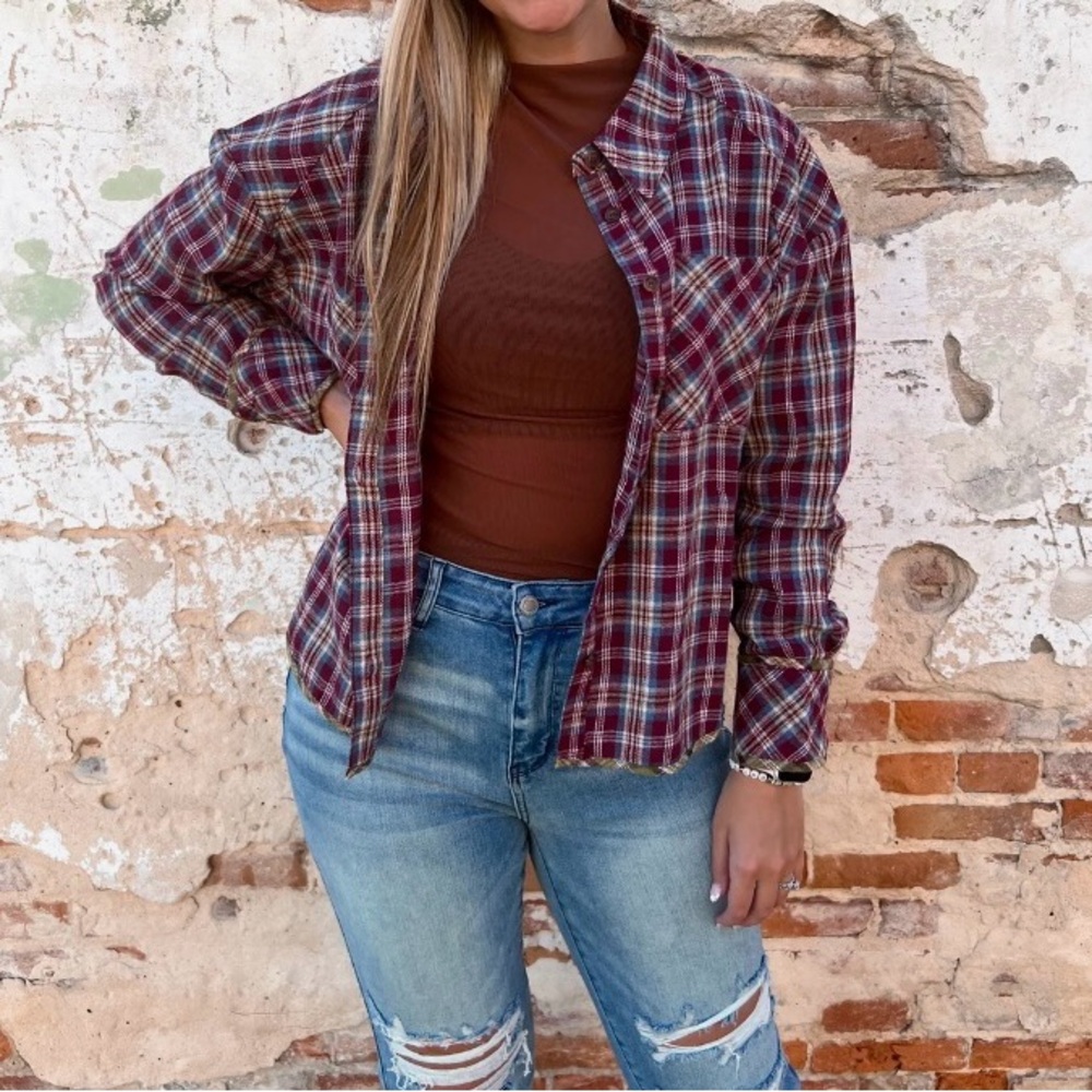 New-In Wine Plaid Contrast Detail Button Down Flannel Shirt Women’s L NWOT